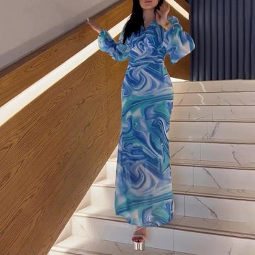 Women's Autumn V-Neck Lantern Sleeve Long-Sleeved High-Rise Fashion-Print Long Dress